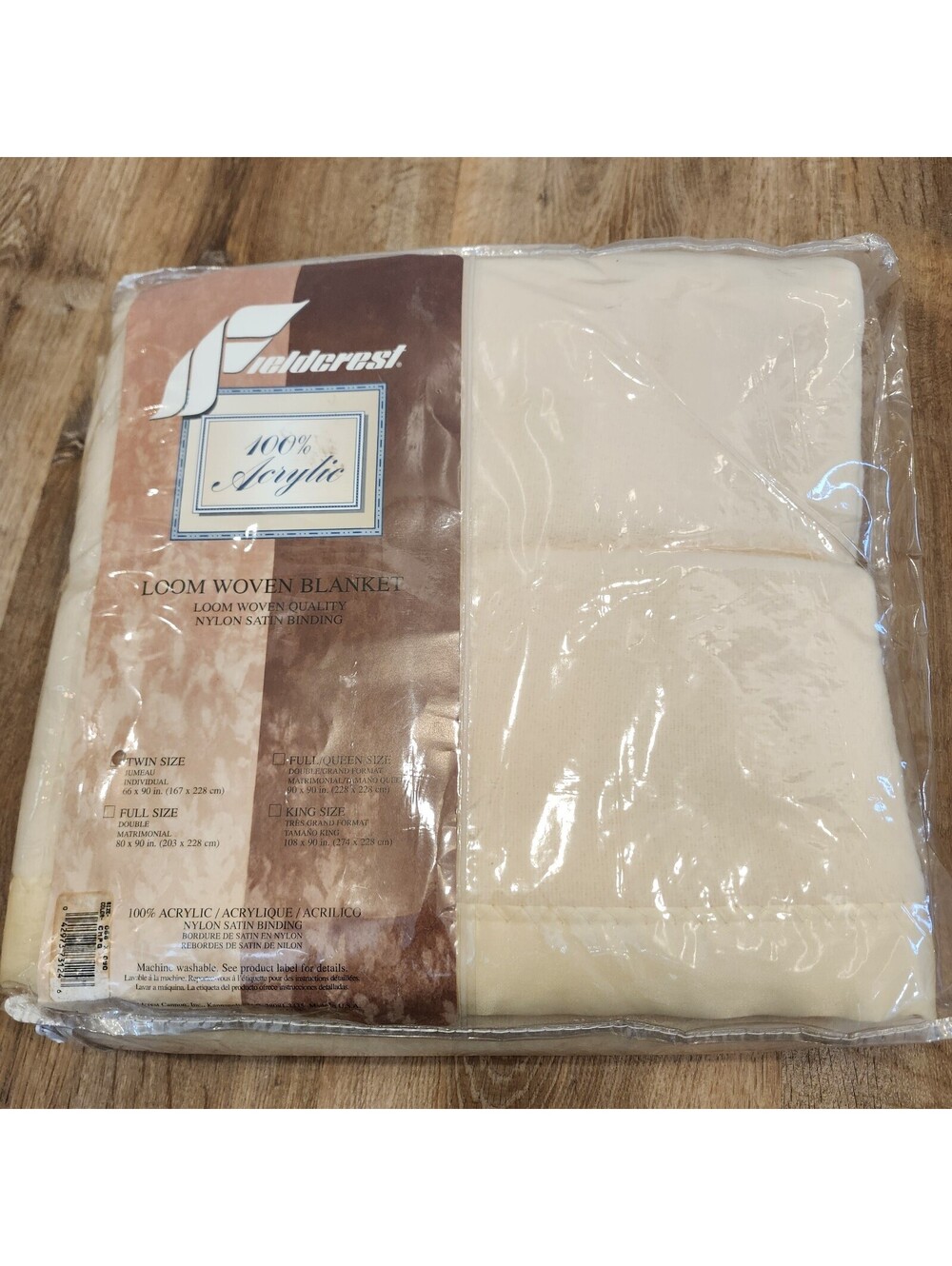 Vintage Fieldcrest Loom Woven Acrylic Blanket (Cream) Twin NEW 66x90 Satin Trim